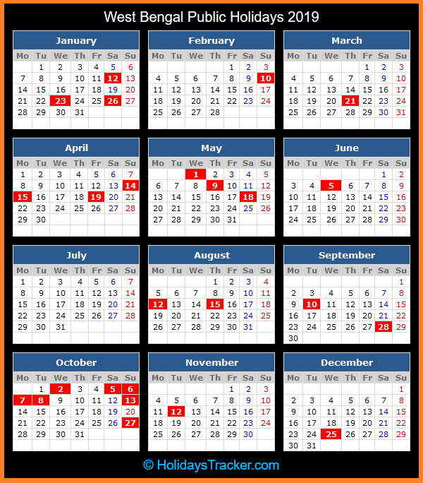 West Bengal Public Holidays Calendar 2019