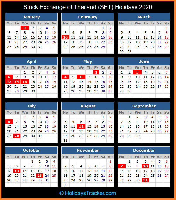 Stock Exchange of Thailand (SET) Holidays 2020 Holidays Tracker