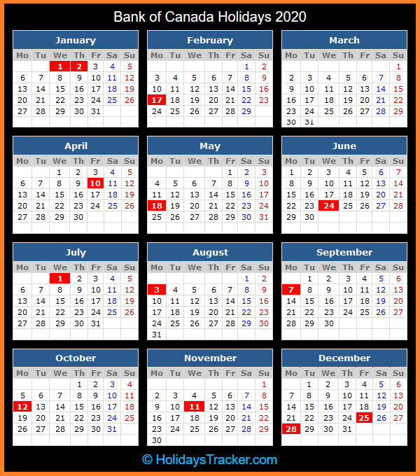 Bank of Canada Holidays 2020 Holidays Tracker