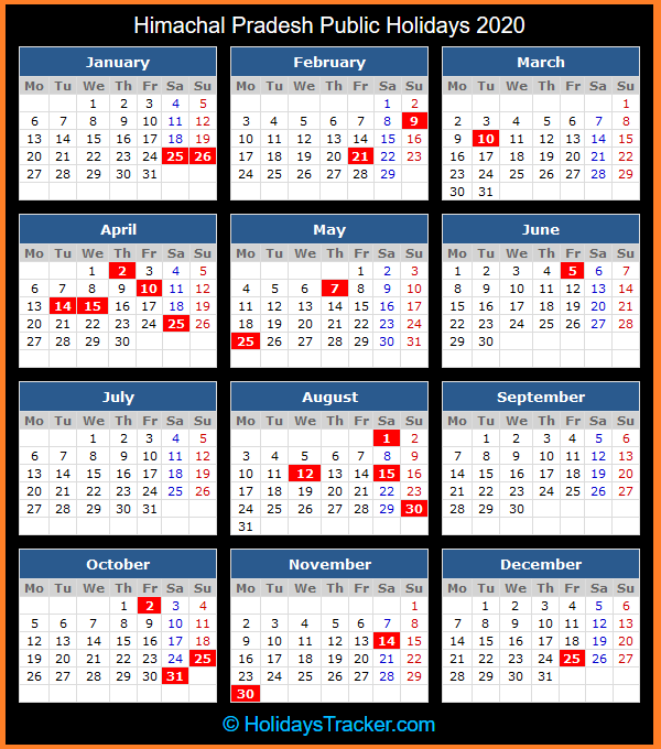 Himachal Pradesh Holidays Calendar 2020