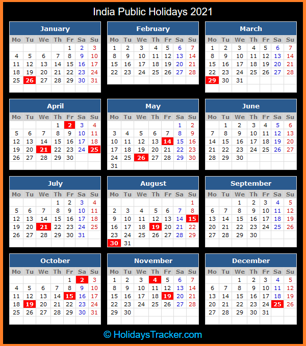 2021 Calendar With Indian Government Holidays - Euaquielela