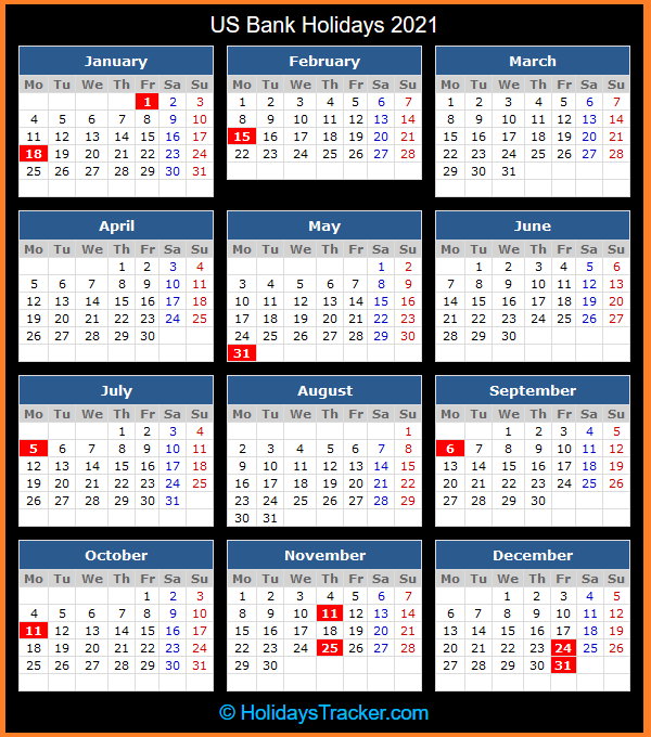 US Bank Holidays 2021 Holidays Tracker