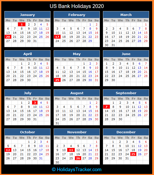 US Bank Holidays 2020 Holidays Tracker