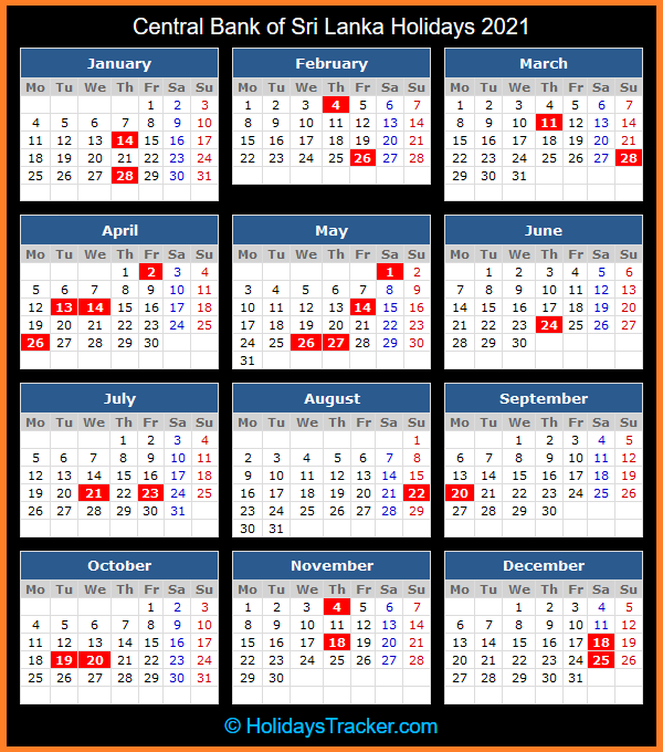 Central Bank of Sri Lanka Holidays 2021 Holidays Tracker