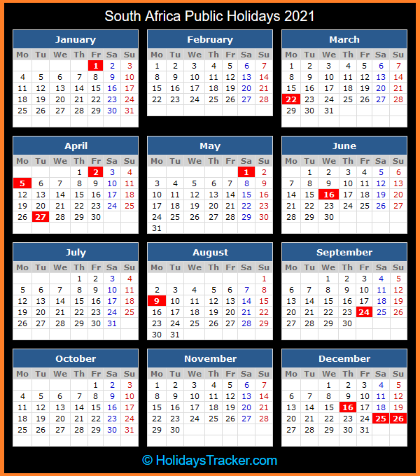 Year Calendar 2019 With Holidays South Africa