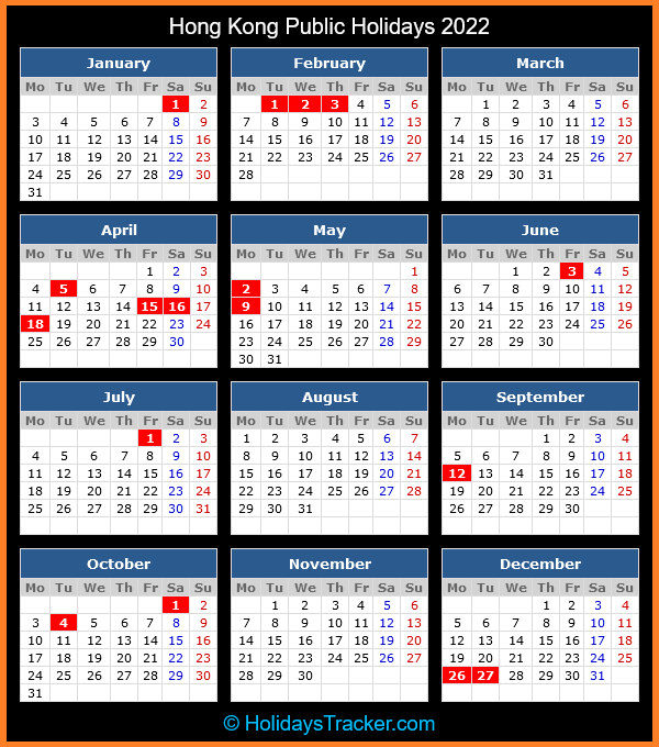 2018 Calendar Hong Kong Holidays